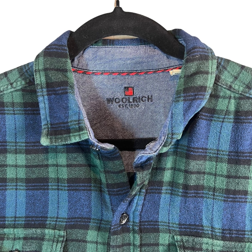 Woolrich Men's Plaid Flannel Shirt Blue Green 100% Cotton Button Up - Picture 2 of 6